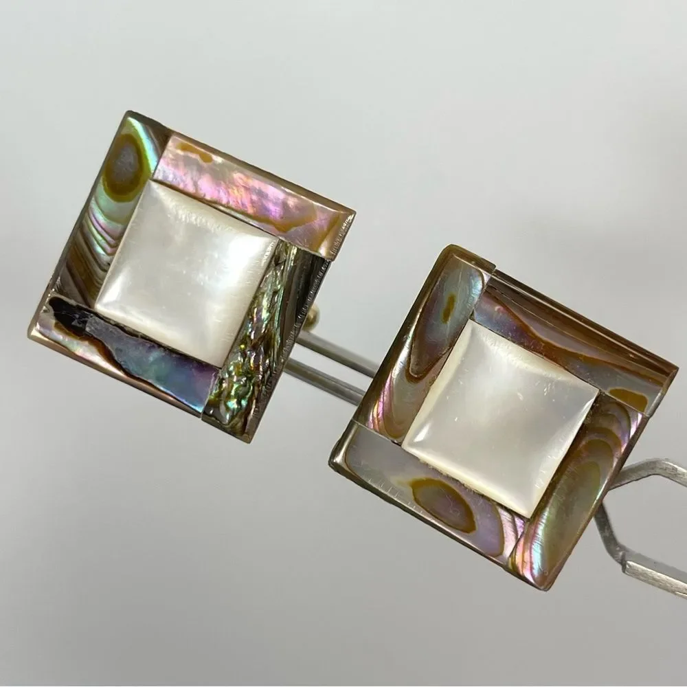 Vintage Cufflinks Mother of Pearl Abalone Inlay Gold Tone Metal Cufflinks